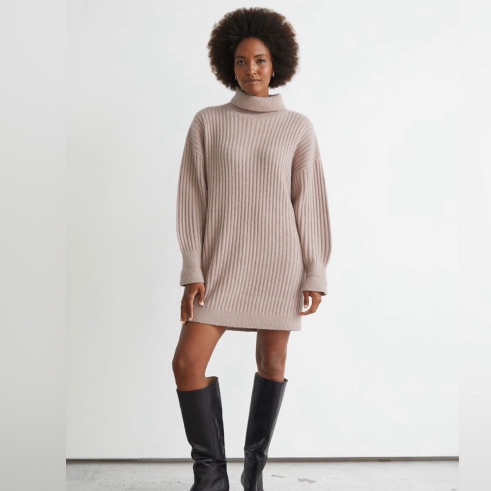 NWT & Other Stories Turtleneck Sweater Dress Ribbed Tan Beige Large